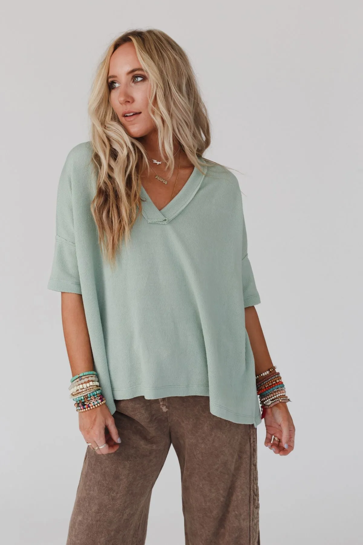 The Nest On The Go V Neck Ribbed Essential Tee - Sage