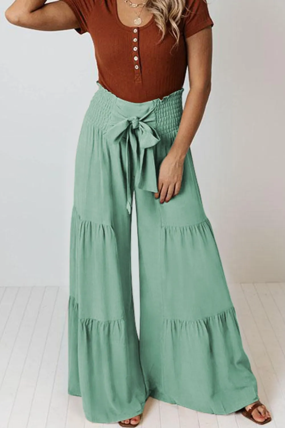 Tie Front Smocked Tiered Culottes