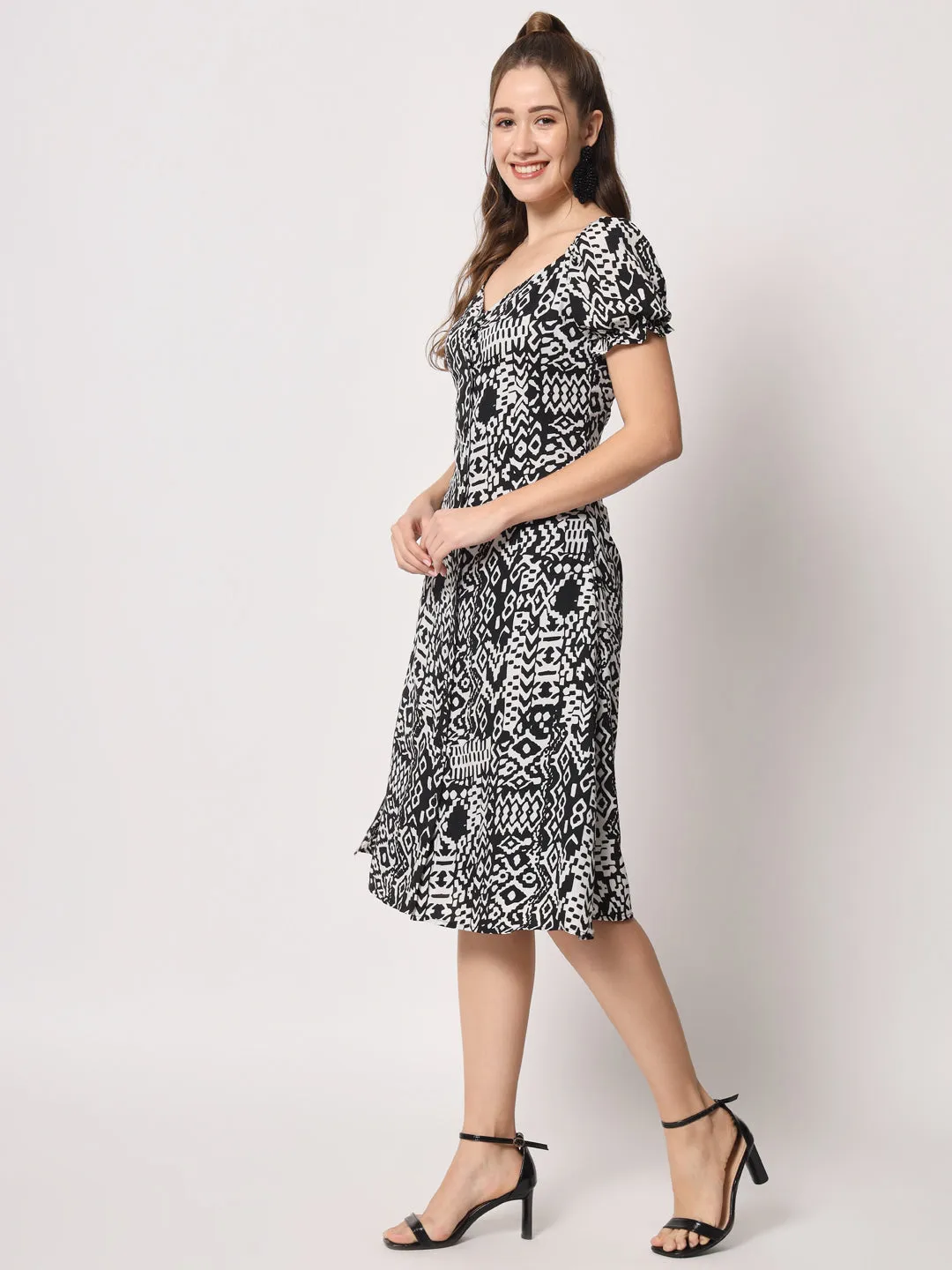 V-Neck Puff Sleeves Abstract Printed Fit & Flare Dress