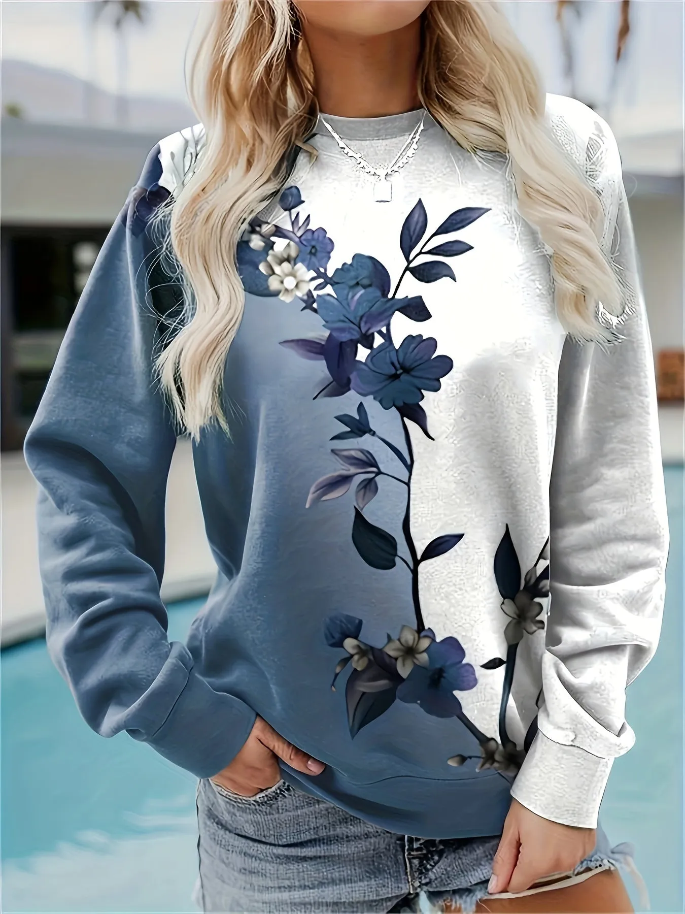 Vibrant Floral Print Long Sleeve Pullover Sweatshirt - Soft, Cozy, and Casual Crew Neck Design for Fall and Winter - Women's Comfortable Clothing for Everyday Wear