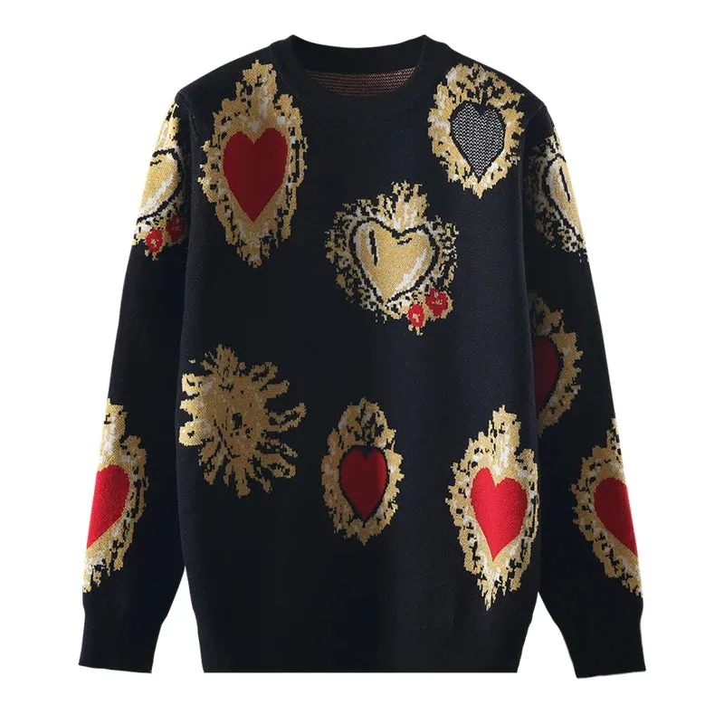 Vintag High Quality Christmas Knitted Sweater Autumn Winter Pullover Gem Heart Lurex Jacquard Knitwear Korean Loose Jumper C-025