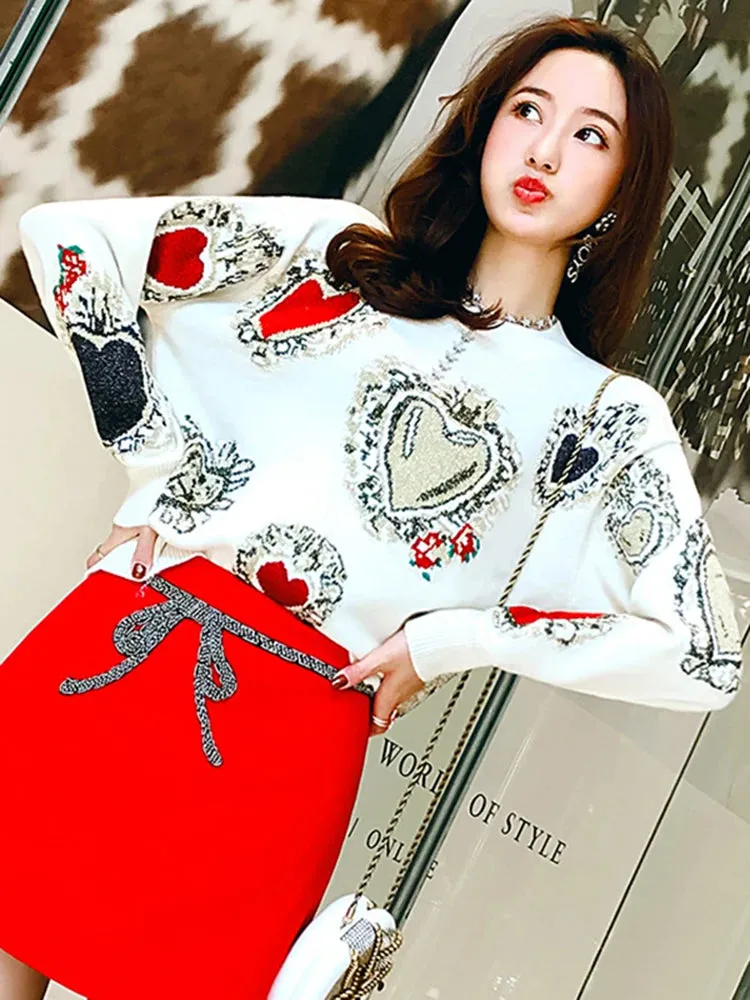 Vintag High Quality Christmas Knitted Sweater Autumn Winter Pullover Gem Heart Lurex Jacquard Knitwear Korean Loose Jumper C-025