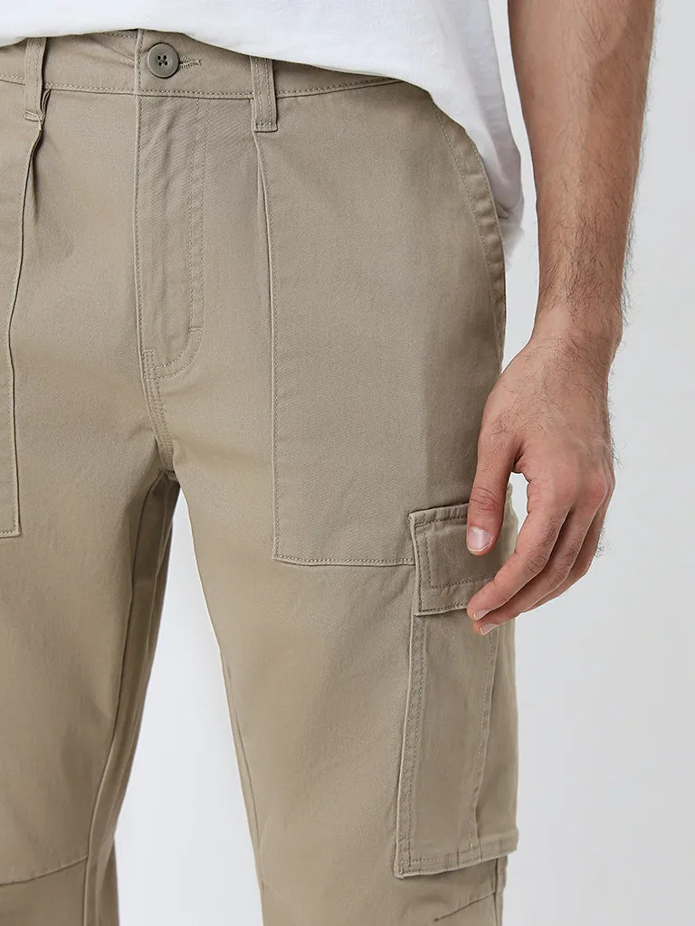 WES Casuals Beige Mid-Rise Relaxed-Fit Cotton Blend Chinos