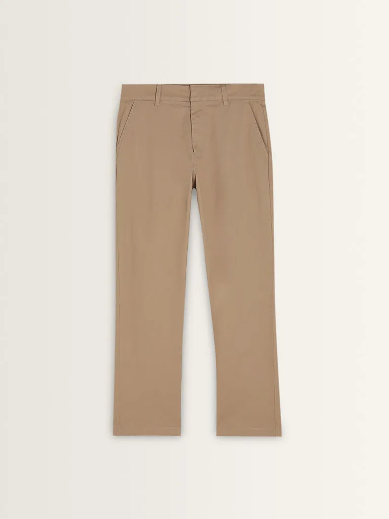 WES Casuals Beige Straight-Fit Mid-Rise Cotton Blend Chinos