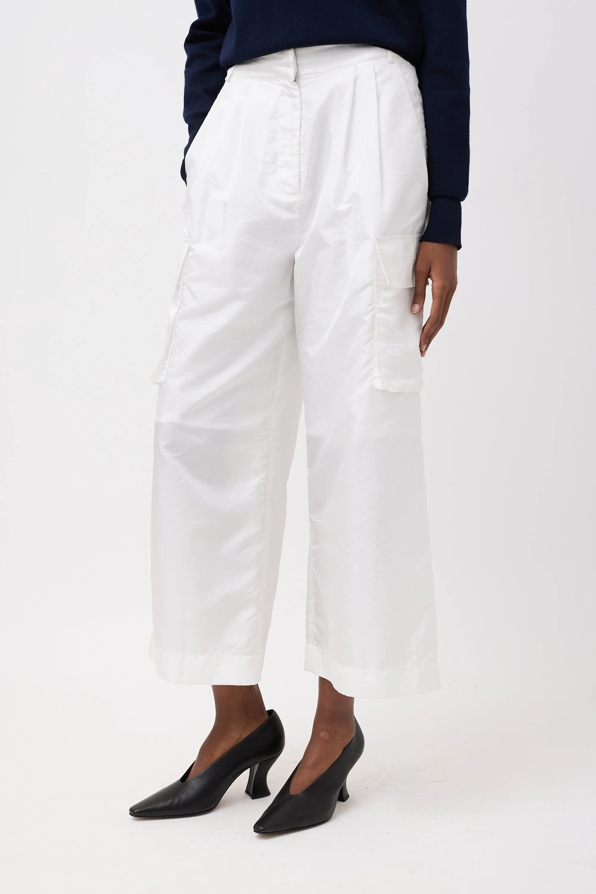 White Nylon Wide Leg Cargo Pants