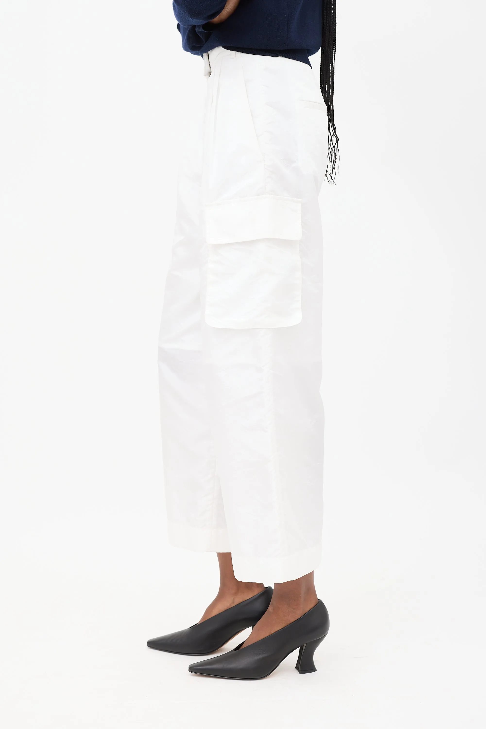 White Nylon Wide Leg Cargo Pants