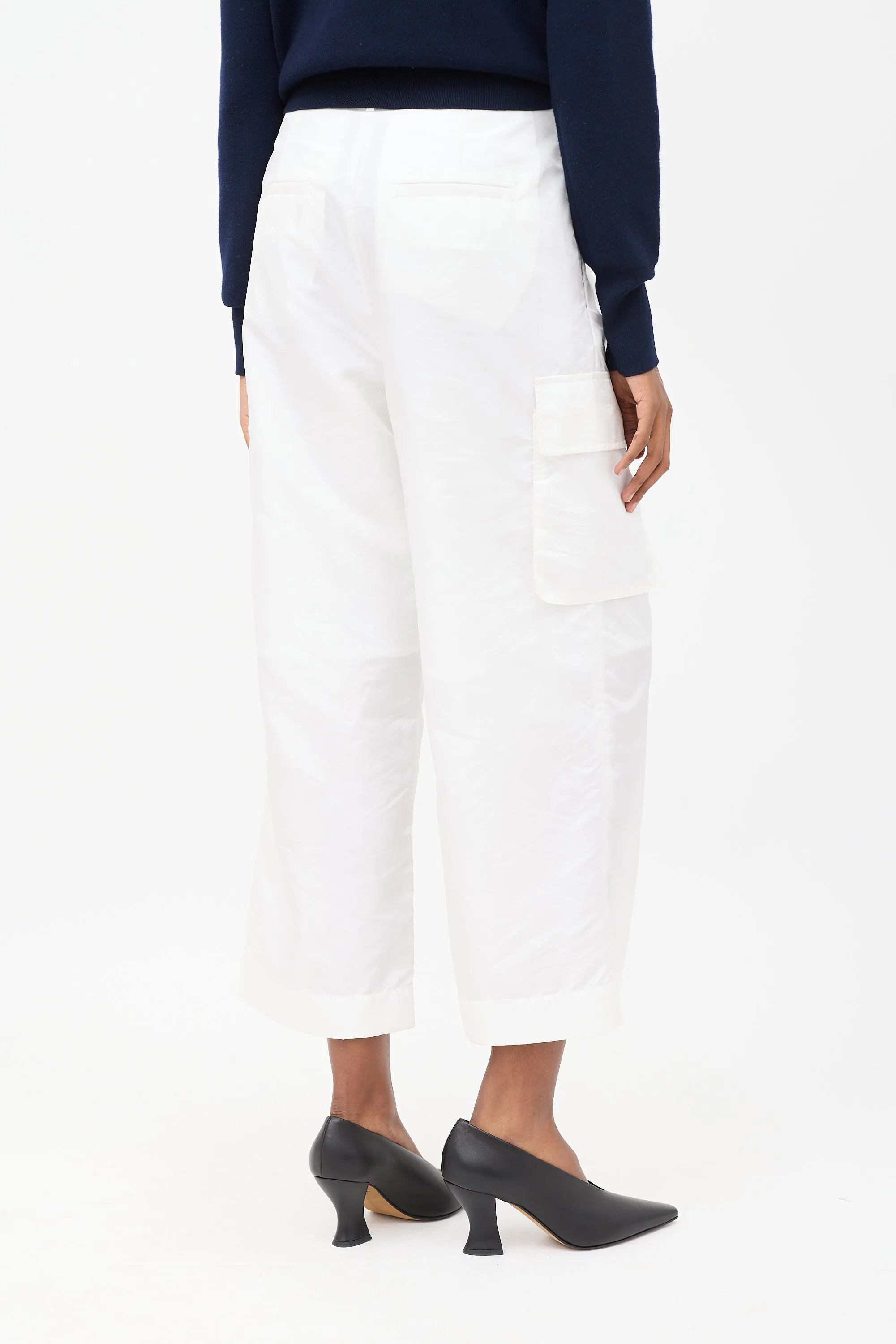 White Nylon Wide Leg Cargo Pants