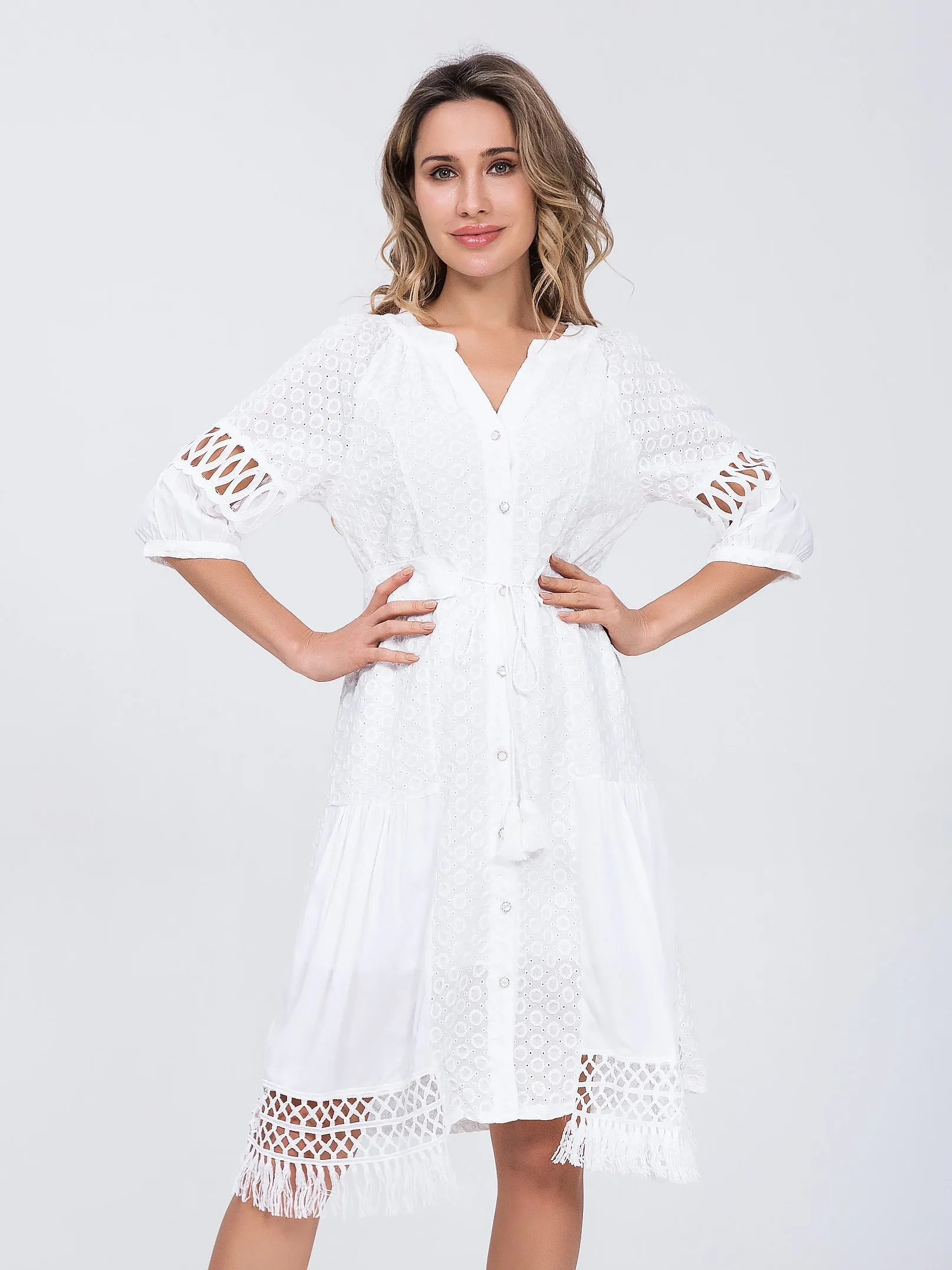 Women Cotton Lace up Hollow out Summer White A-line dress - WD8189