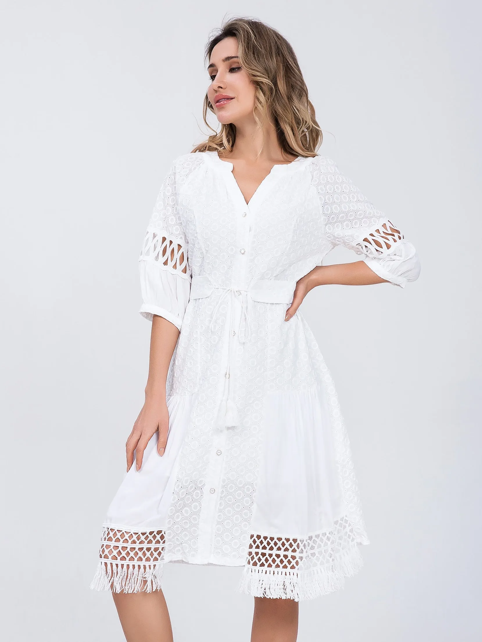 Women Cotton Lace up Hollow out Summer White A-line dress - WD8189