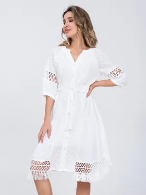 Women Cotton Lace up Hollow out Summer White A-line dress - WD8189