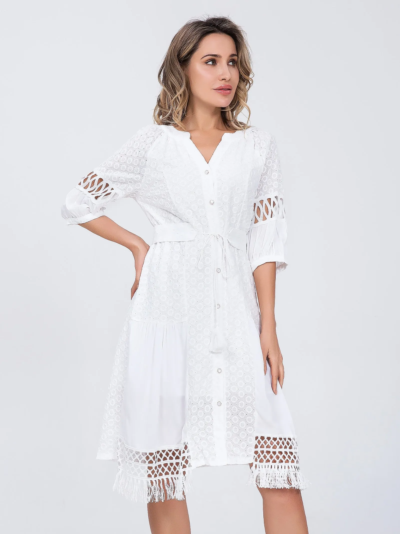 Women Cotton Lace up Hollow out Summer White A-line dress - WD8189