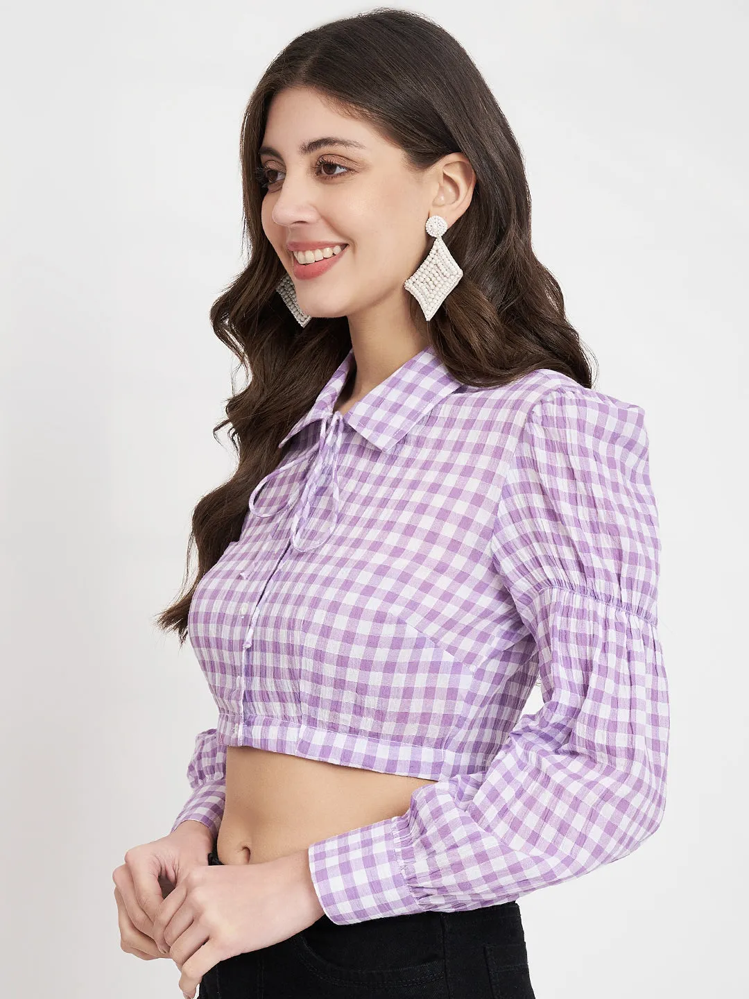 Women Purple Checked Cotton Shirt Style Top