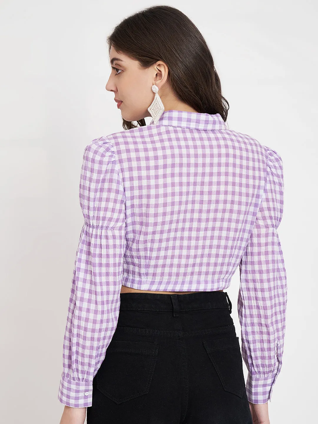 Women Purple Checked Cotton Shirt Style Top