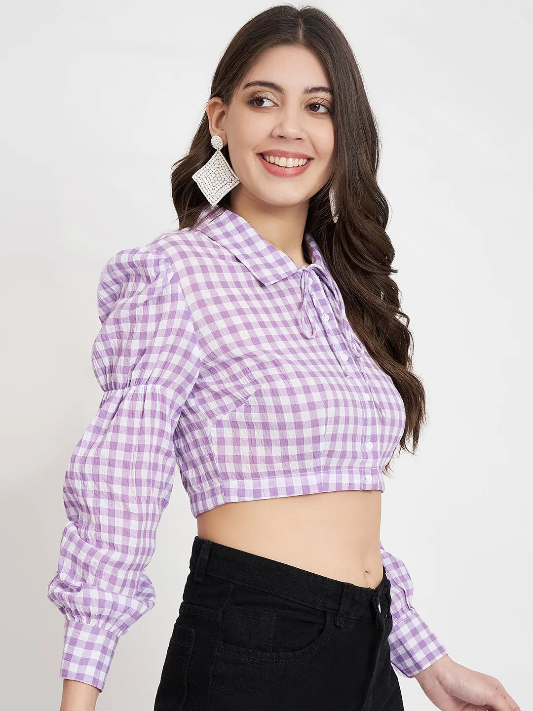 Women Purple Checked Cotton Shirt Style Top