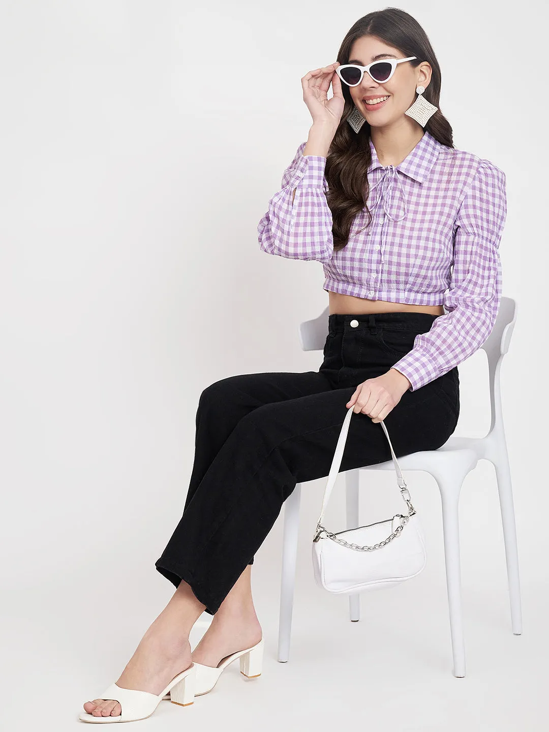 Women Purple Checked Cotton Shirt Style Top