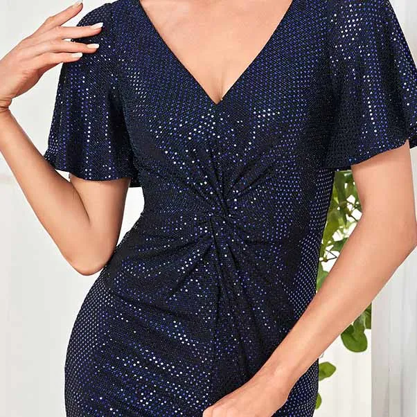 Women Sequin Evening Dress Short Sleeve Front Split Evening Gowns