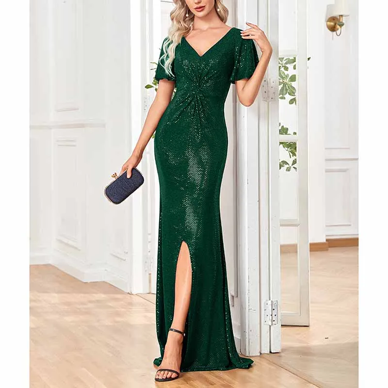 Women Sequin Evening Dress Short Sleeve Front Split Evening Gowns