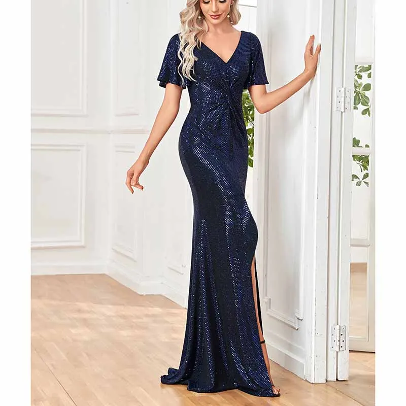 Women Sequin Evening Dress Short Sleeve Front Split Evening Gowns