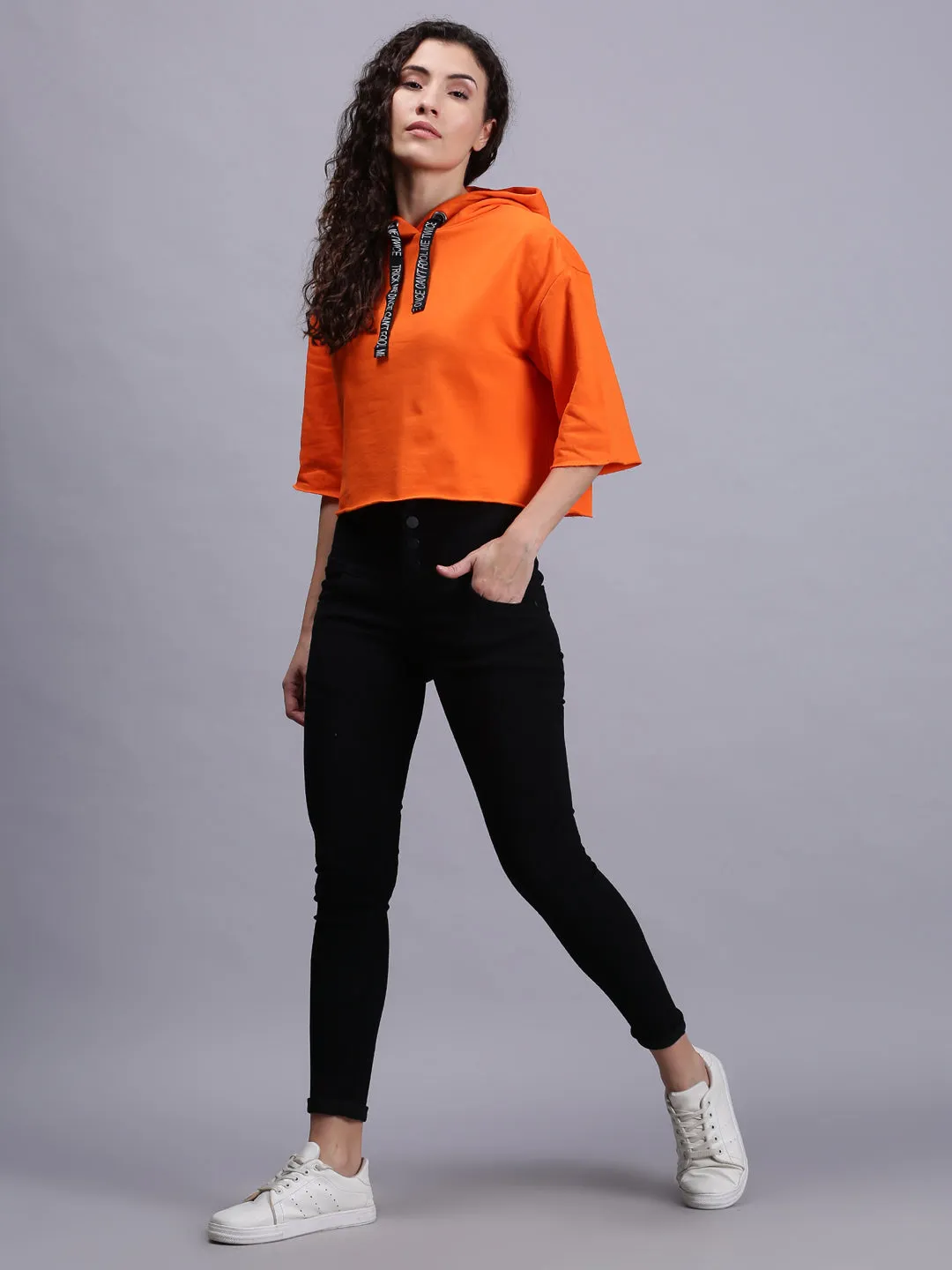 Women Solid Orange 3/4 Sleeve Hooded Sweatshirt