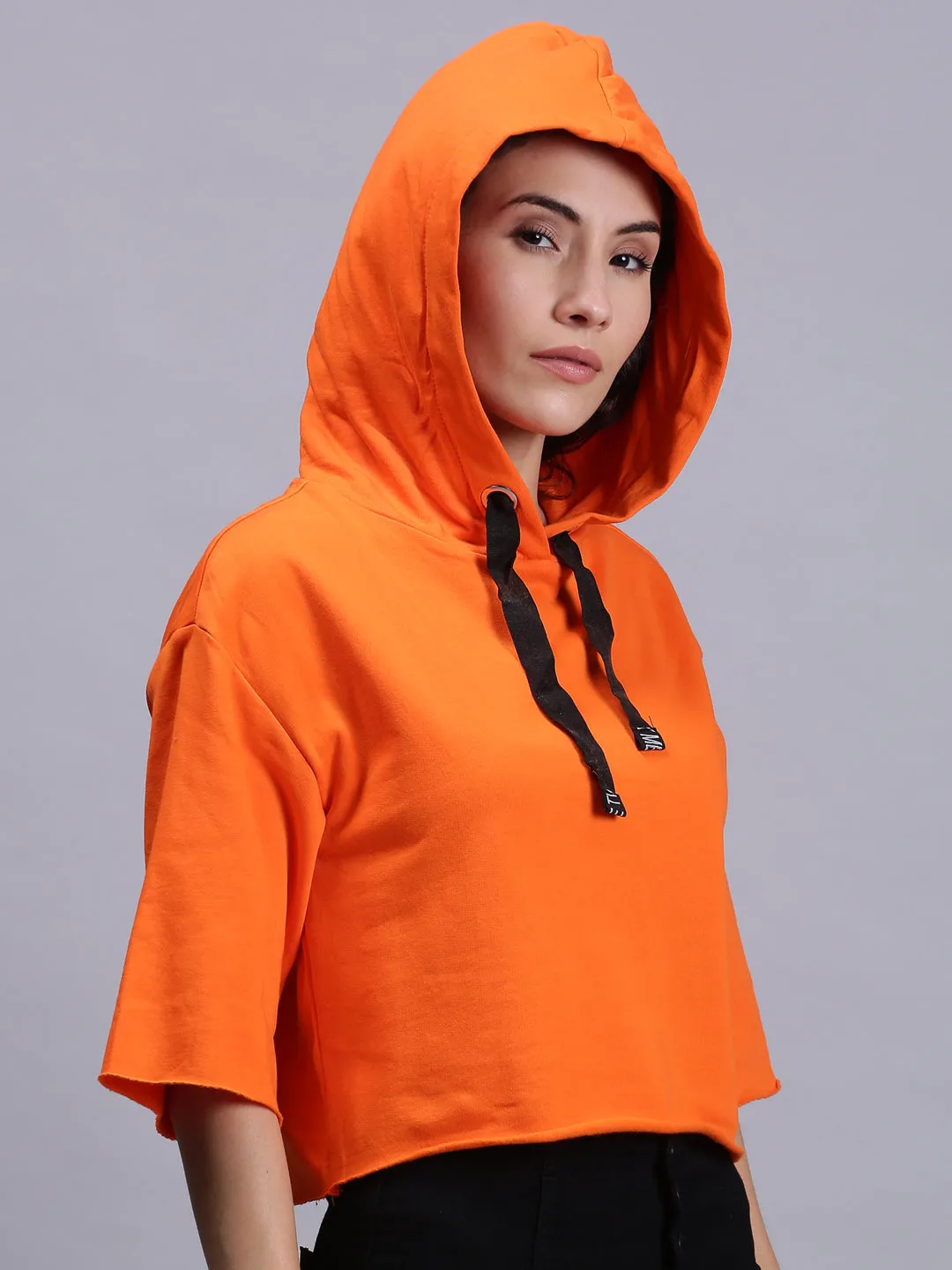 Women Solid Orange 3/4 Sleeve Hooded Sweatshirt