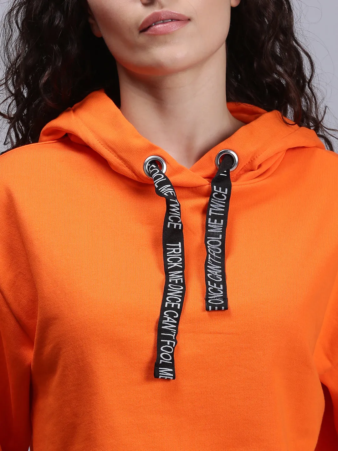 Women Solid Orange 3/4 Sleeve Hooded Sweatshirt