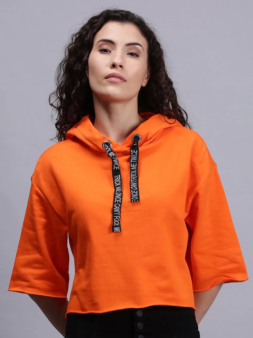 Women Solid Orange 3/4 Sleeve Hooded Sweatshirt