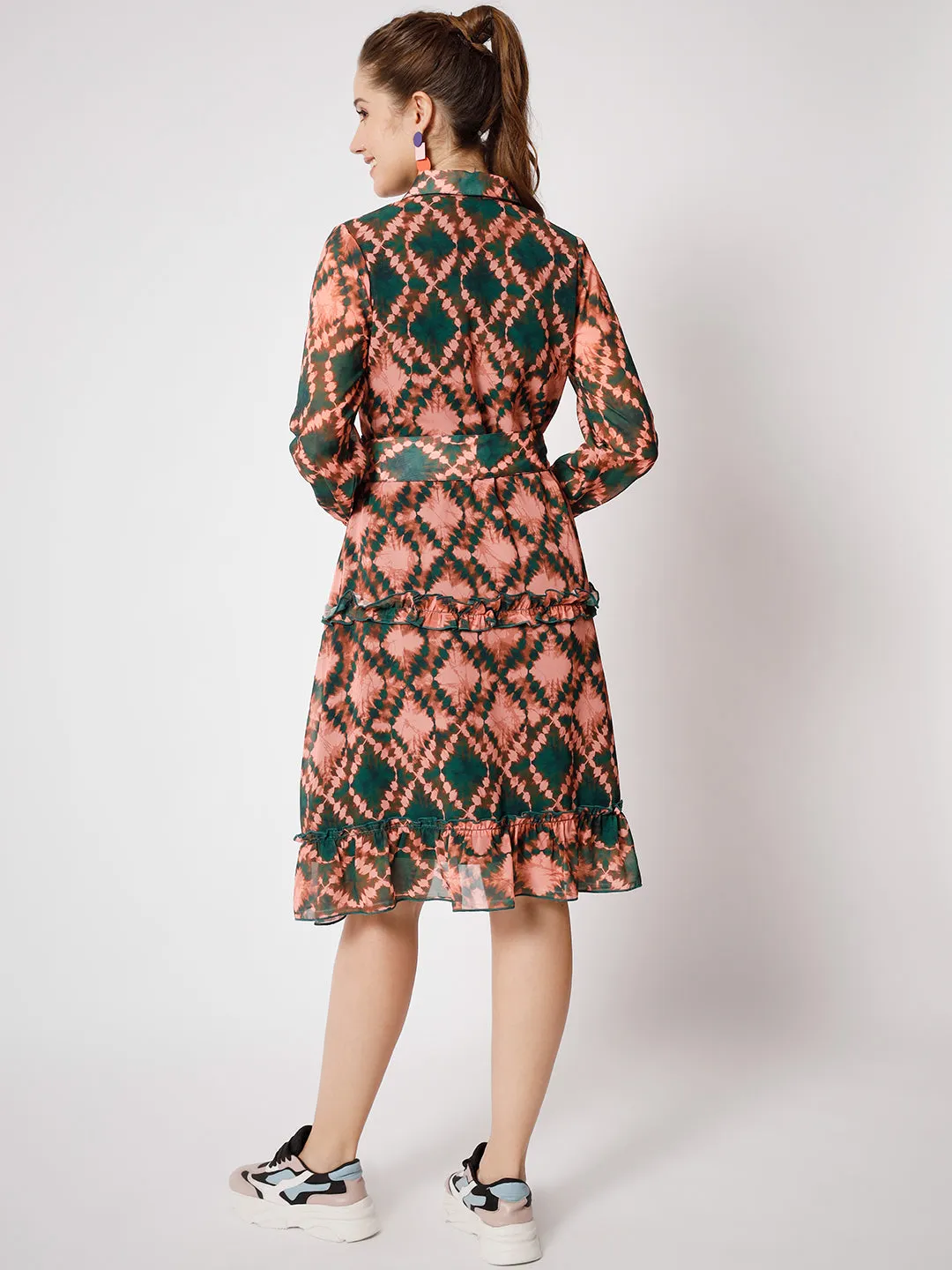 Women's Abstract Printed  Fit & Flare Dress With Belt