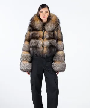 Women's Caramel Brown Hooded Fox Fur Jacket