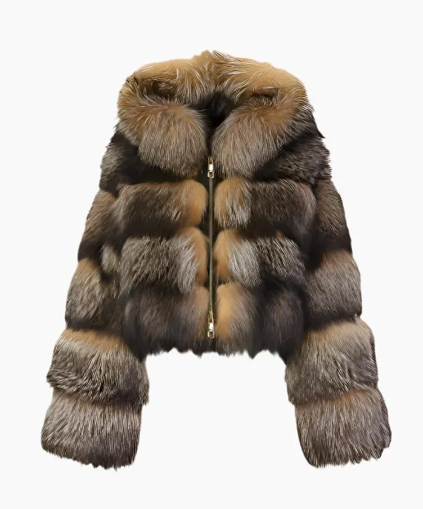 Women's Caramel Brown Hooded Fox Fur Jacket