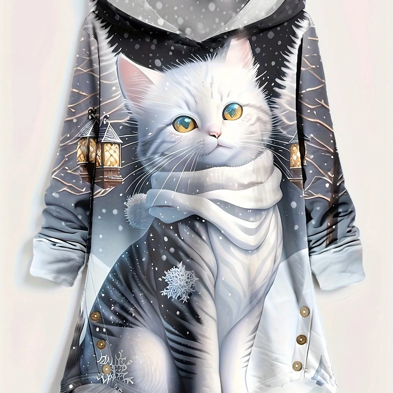 Womens Chic Cat Print Hoodie with Button Front - Flattering Curvy Hem & Long Sleeves - Casual Everyday Style