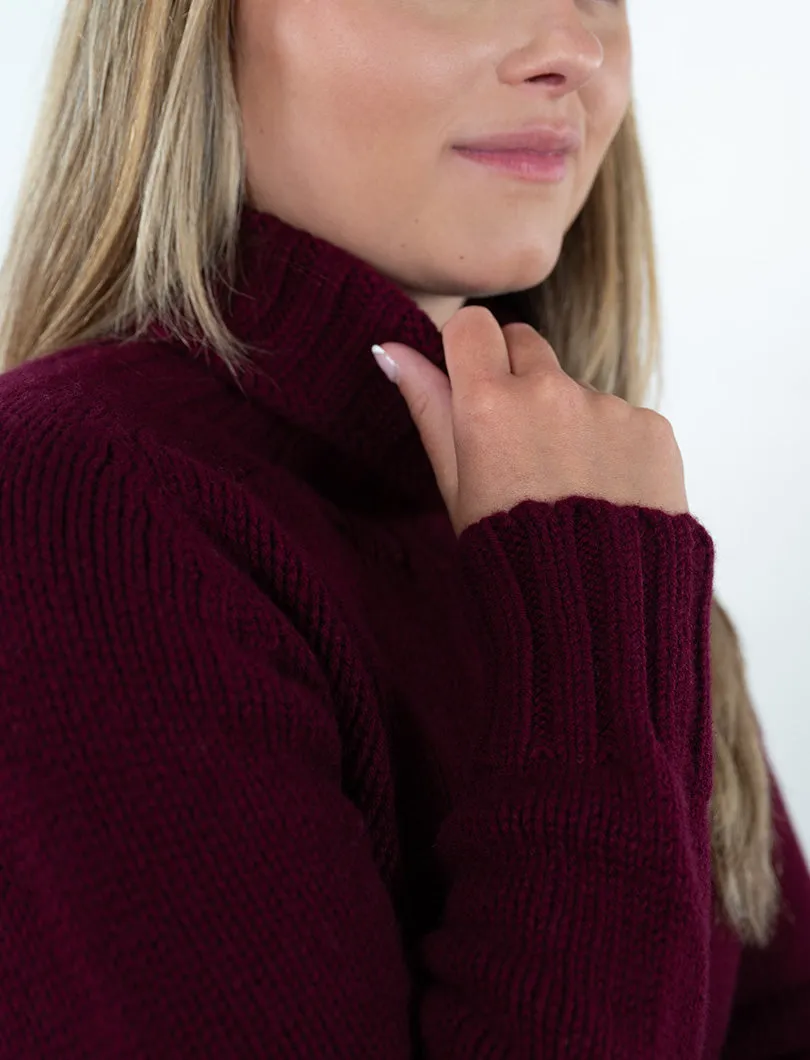 Womens Chunky Geelong Superfine Lambswool Polo Neck Jumper - Burgundy