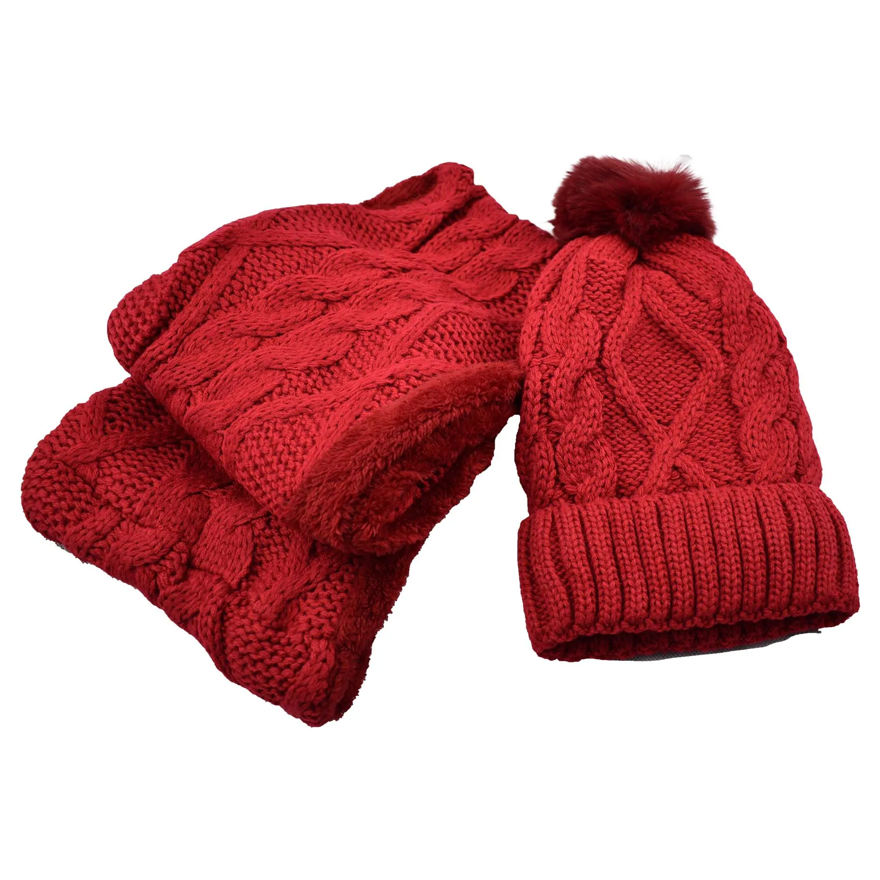 Women's Fuzzy Fur Lined Beanie Pompom Hat and Infinity Scarf Set