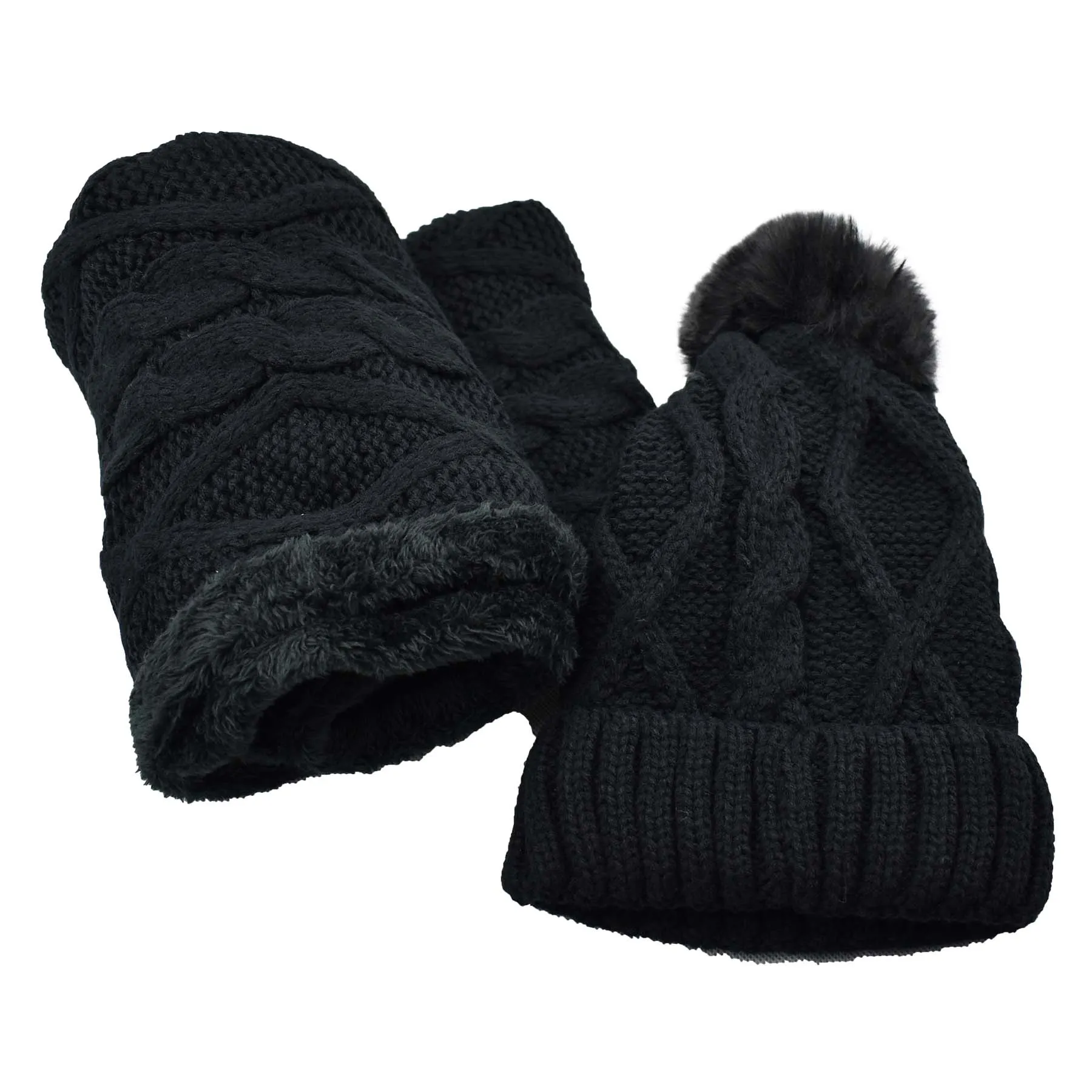 Women's Fuzzy Fur Lined Beanie Pompom Hat and Infinity Scarf Set