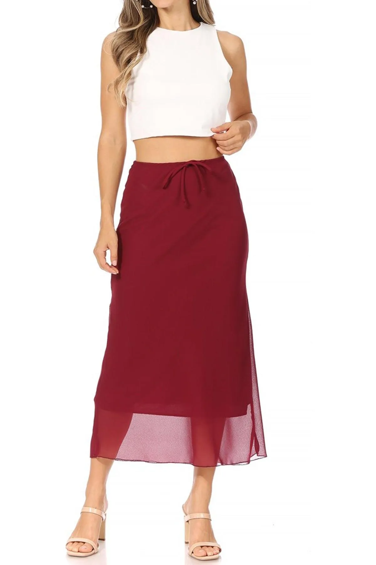 Women's High Rise Chiffon Overlay Maxi Draped Skirt with Waist Tie Accent.