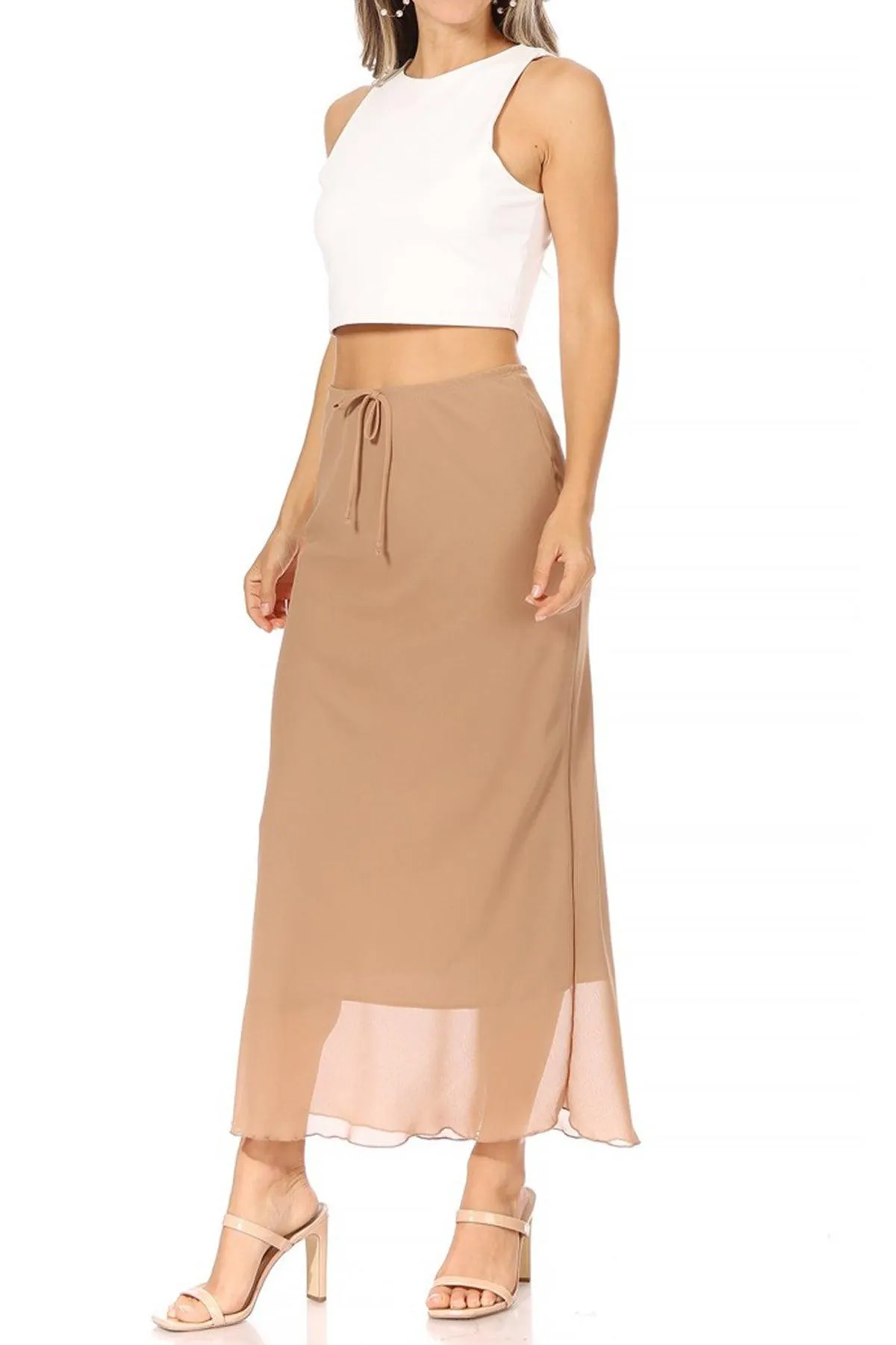 Women's High Rise Chiffon Overlay Maxi Draped Skirt with Waist Tie Accent.