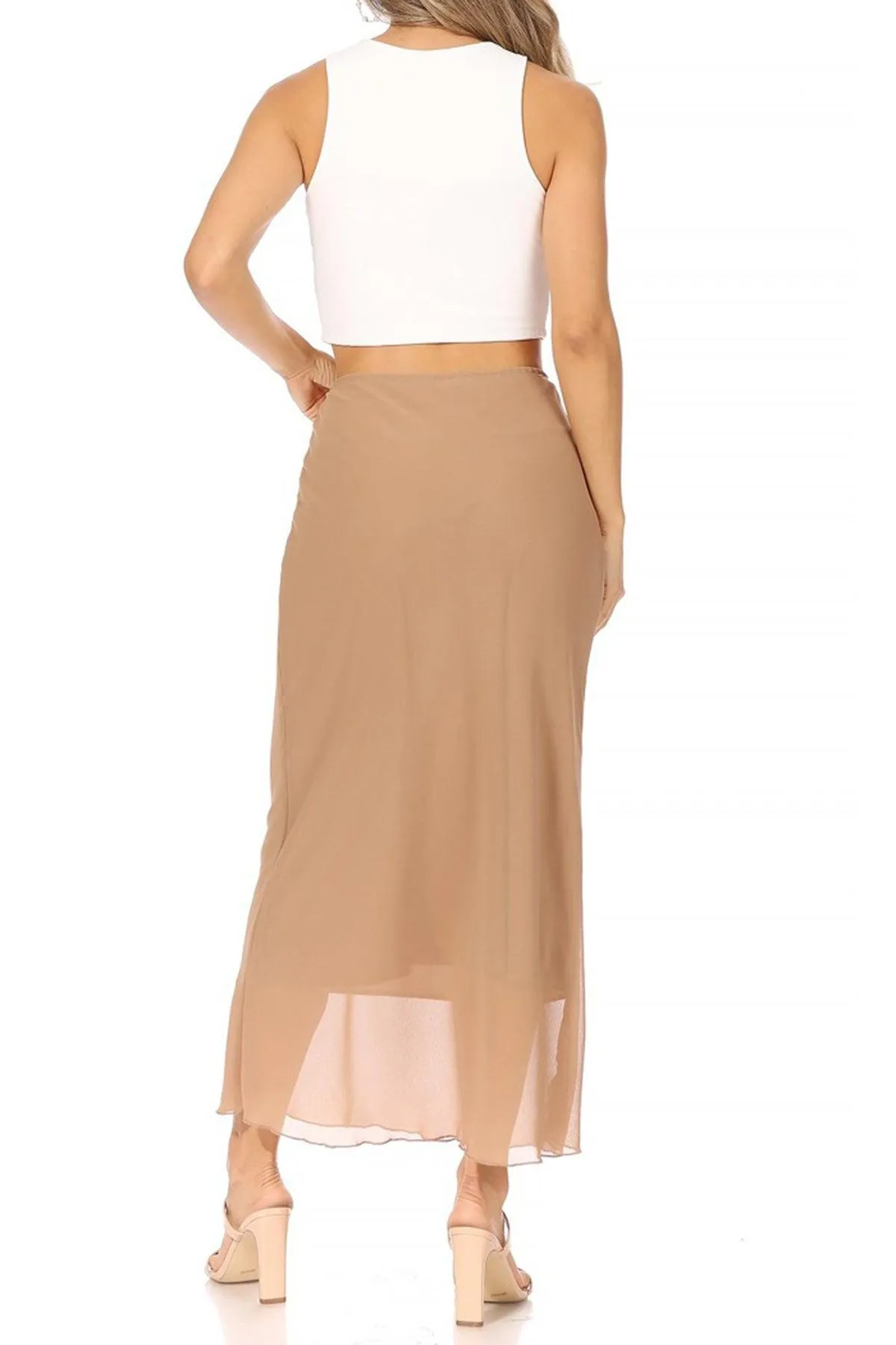 Women's High Rise Chiffon Overlay Maxi Draped Skirt with Waist Tie Accent.