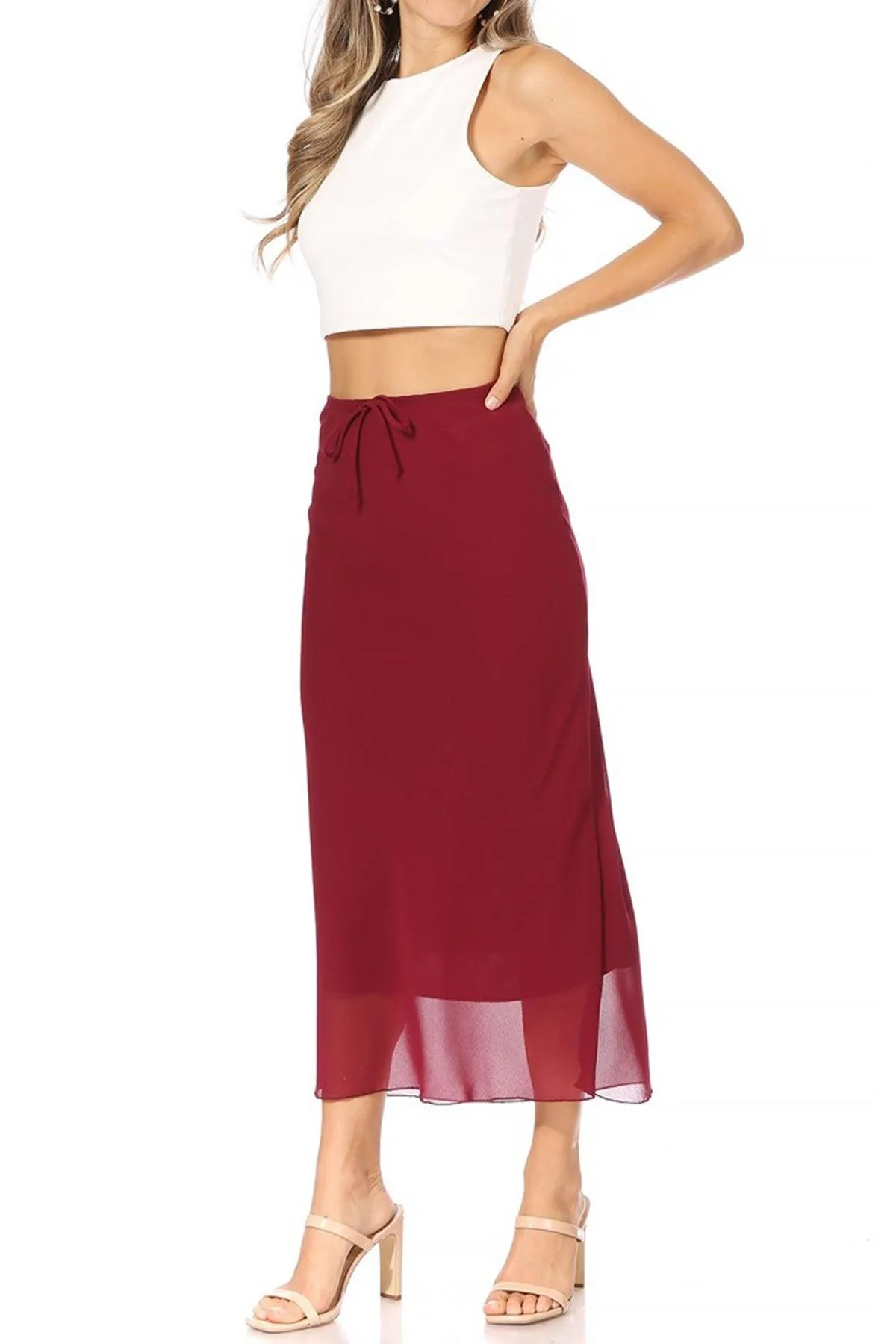 Women's High Rise Chiffon Overlay Maxi Draped Skirt with Waist Tie Accent.