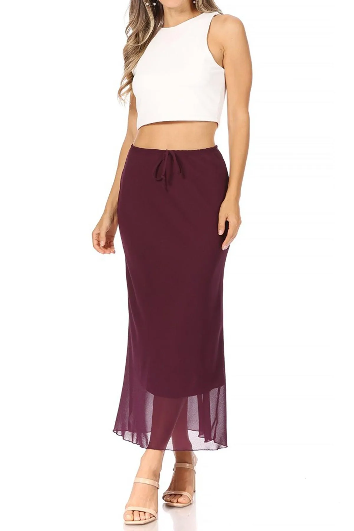 Women's High Rise Chiffon Overlay Maxi Draped Skirt with Waist Tie Accent.