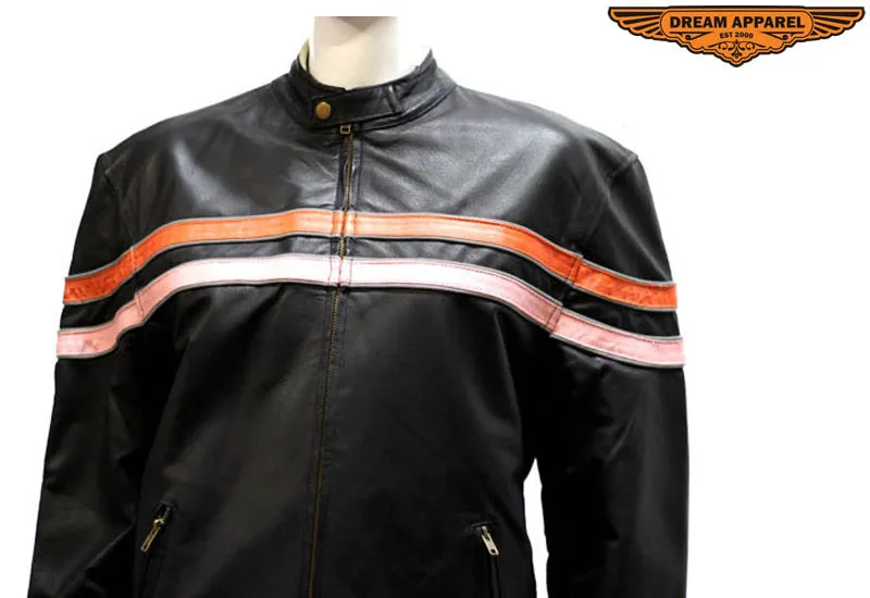 Womens Leather Jacket With Orange & Pink Racing Stripes