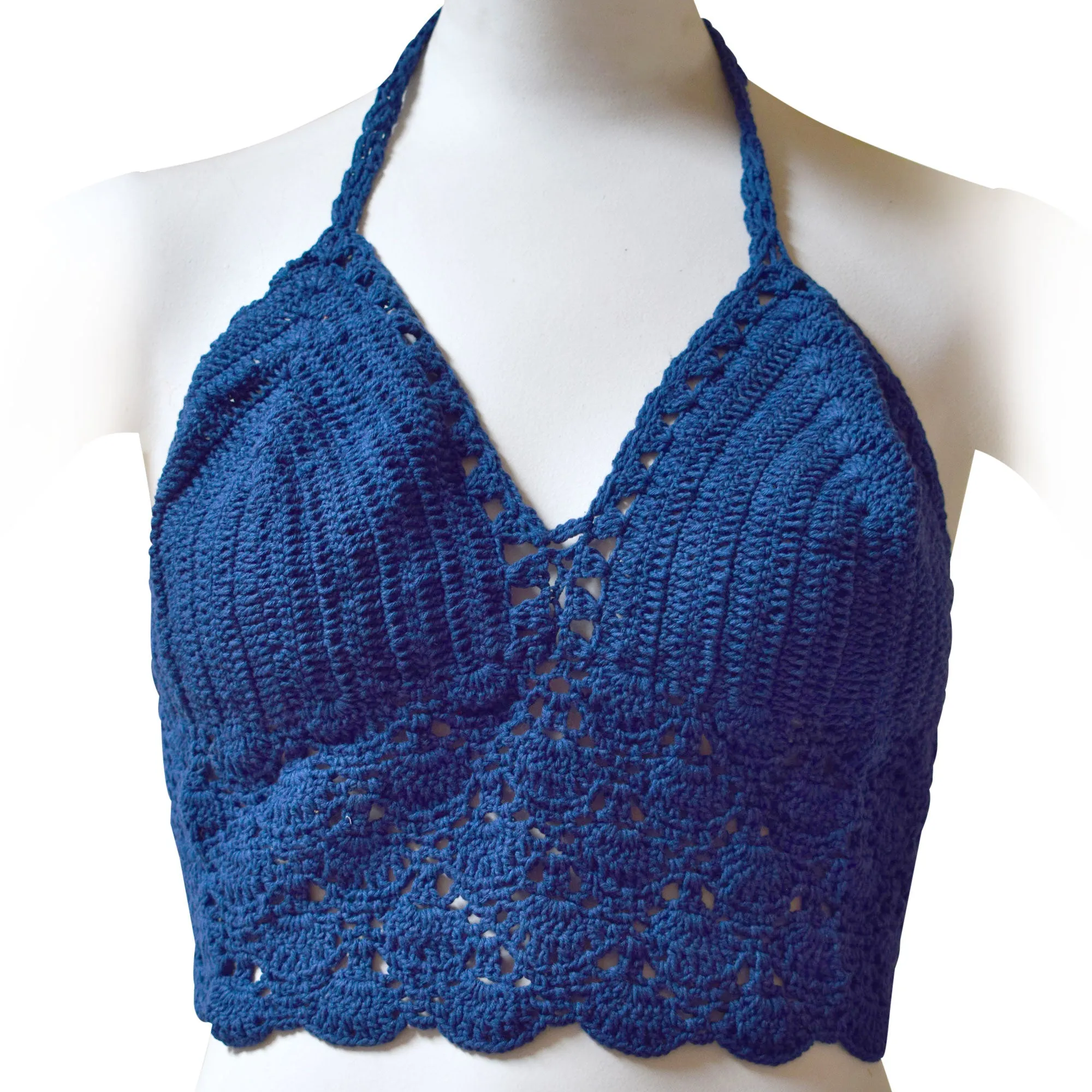 Women's Solid Color Crochet Crop Top, Summer Bikini Bralette Halter Color Top