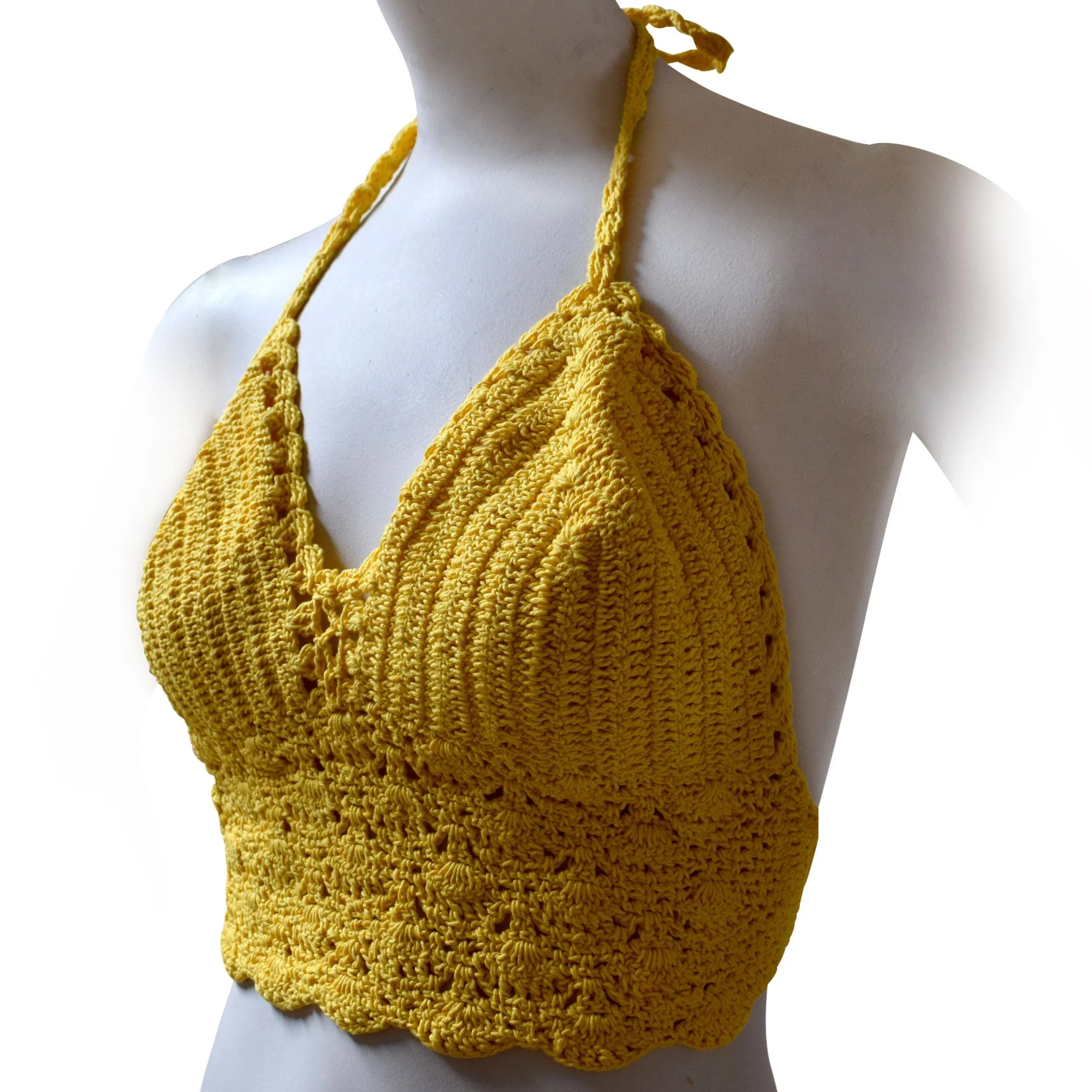 Women's Solid Color Crochet Crop Top, Summer Bikini Bralette Halter Color Top