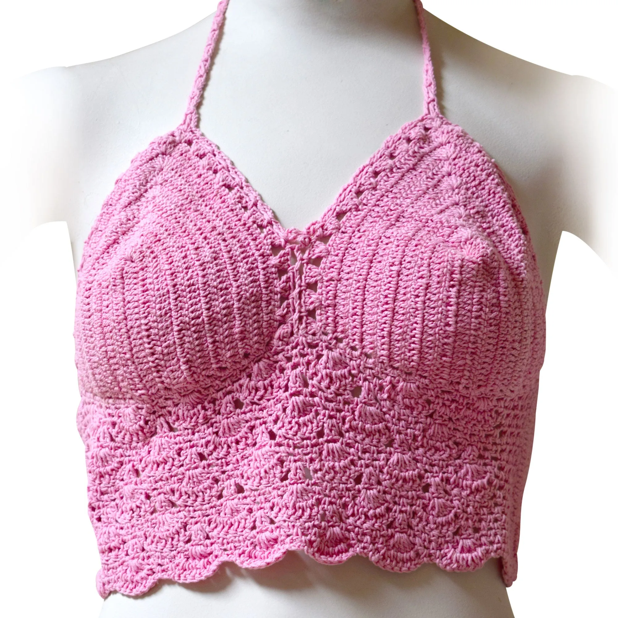 Women's Solid Color Crochet Crop Top, Summer Bikini Bralette Halter Color Top