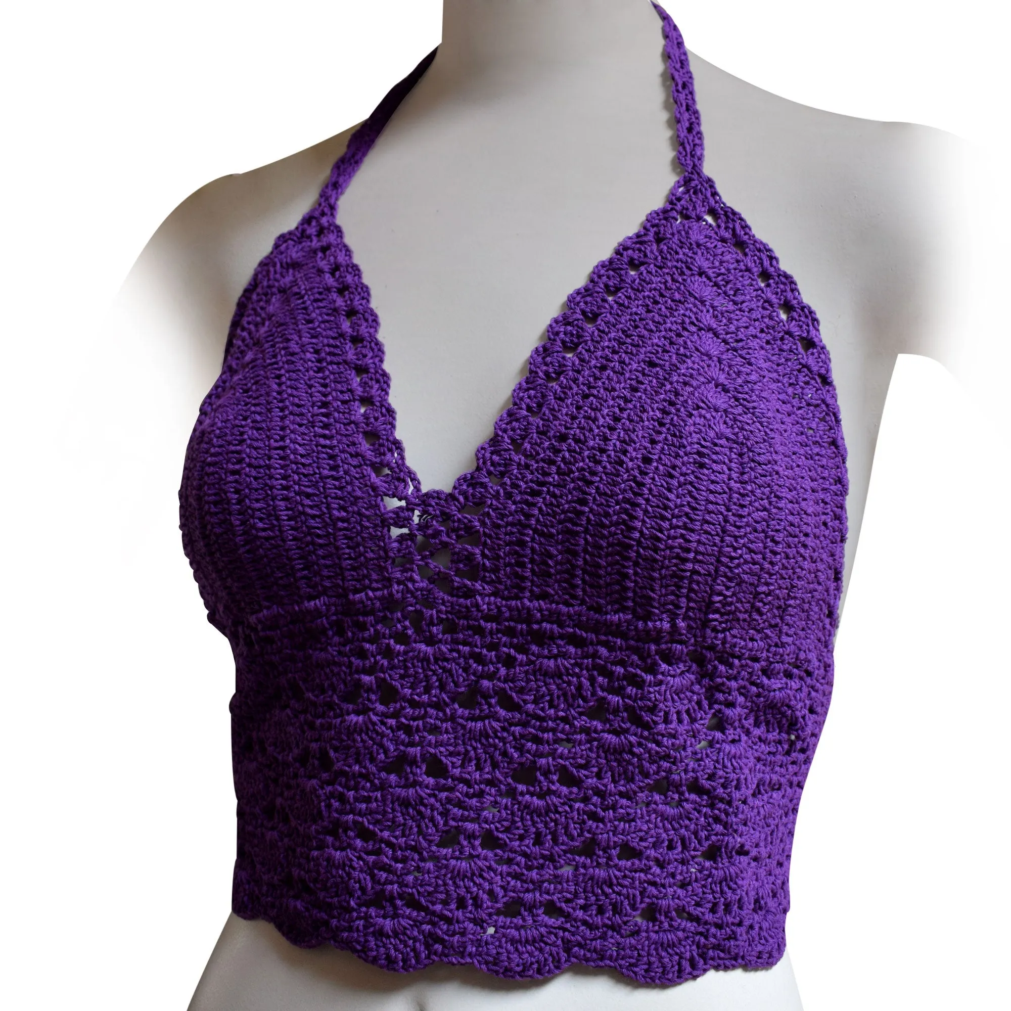 Women's Solid Color Crochet Crop Top, Summer Bikini Bralette Halter Color Top