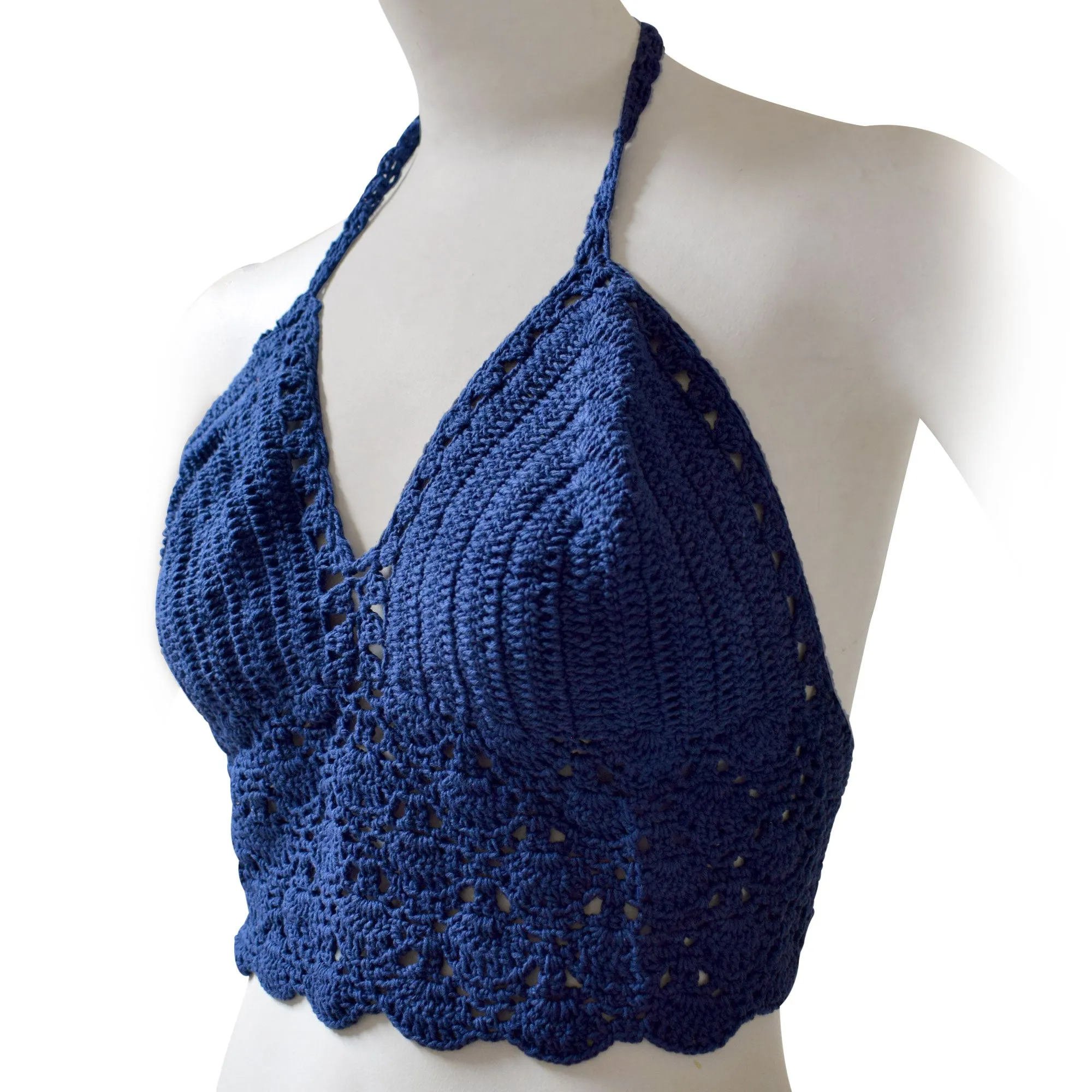 Women's Solid Color Crochet Crop Top, Summer Bikini Bralette Halter Color Top