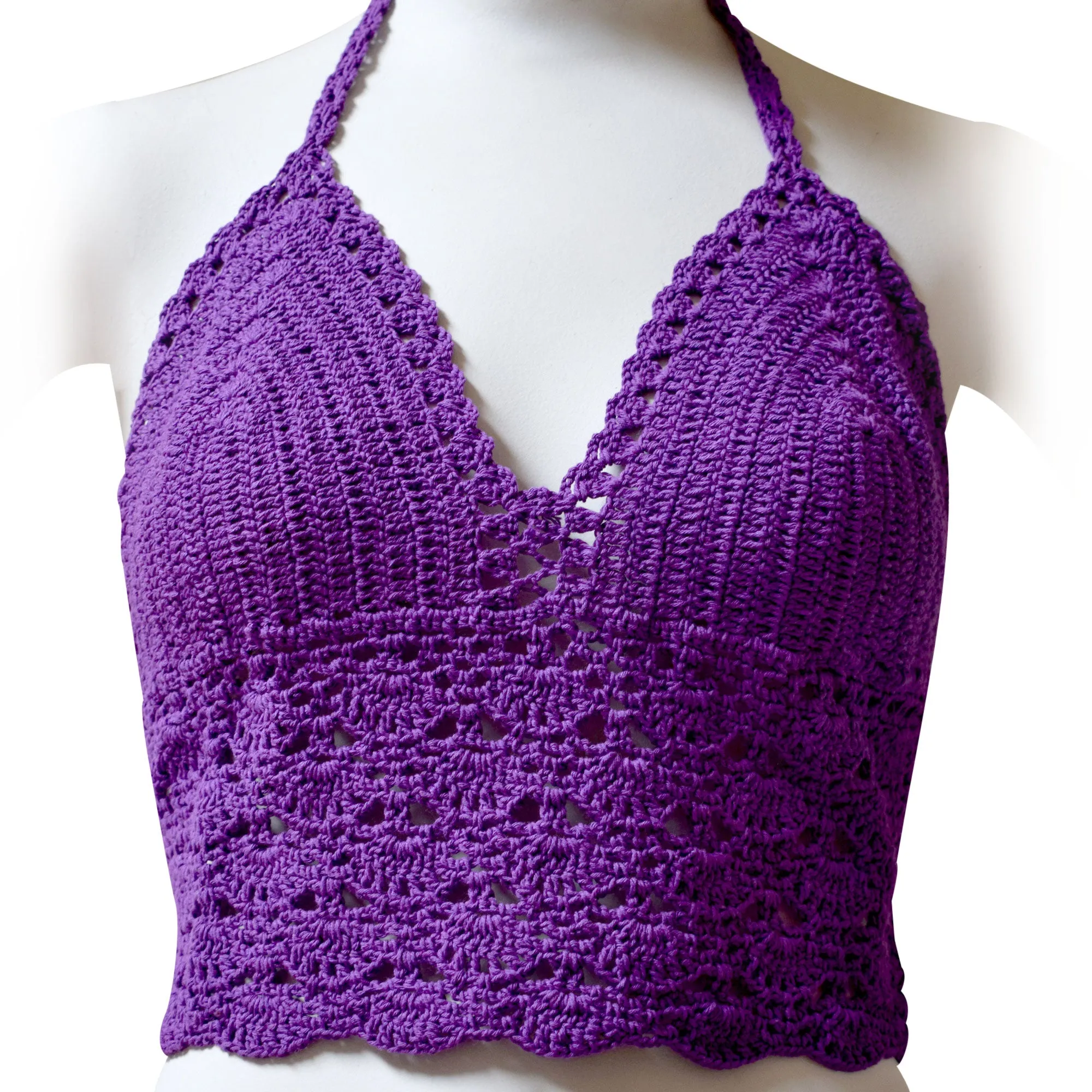 Women's Solid Color Crochet Crop Top, Summer Bikini Bralette Halter Color Top