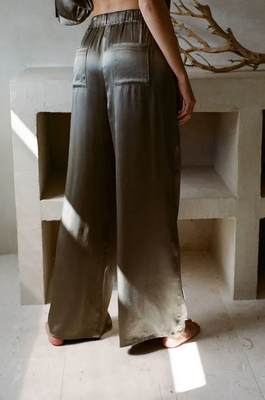 Woven Satin Wide Leg Pants with Waist Strap