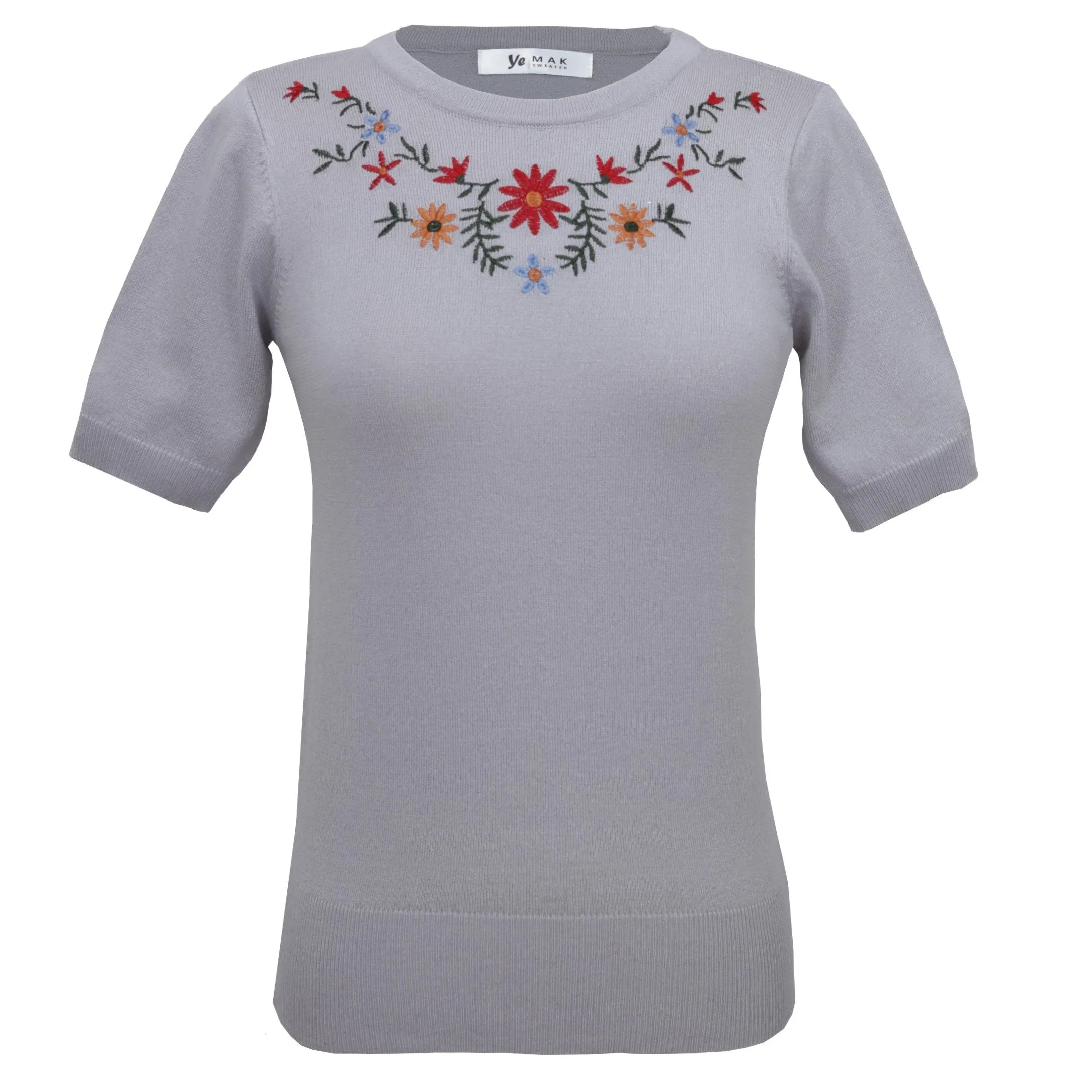 YEMAK Women's Daisy Flower Embroidered Crewneck Casual Knit Pullover Sweater MK3664EMBO (S-L)