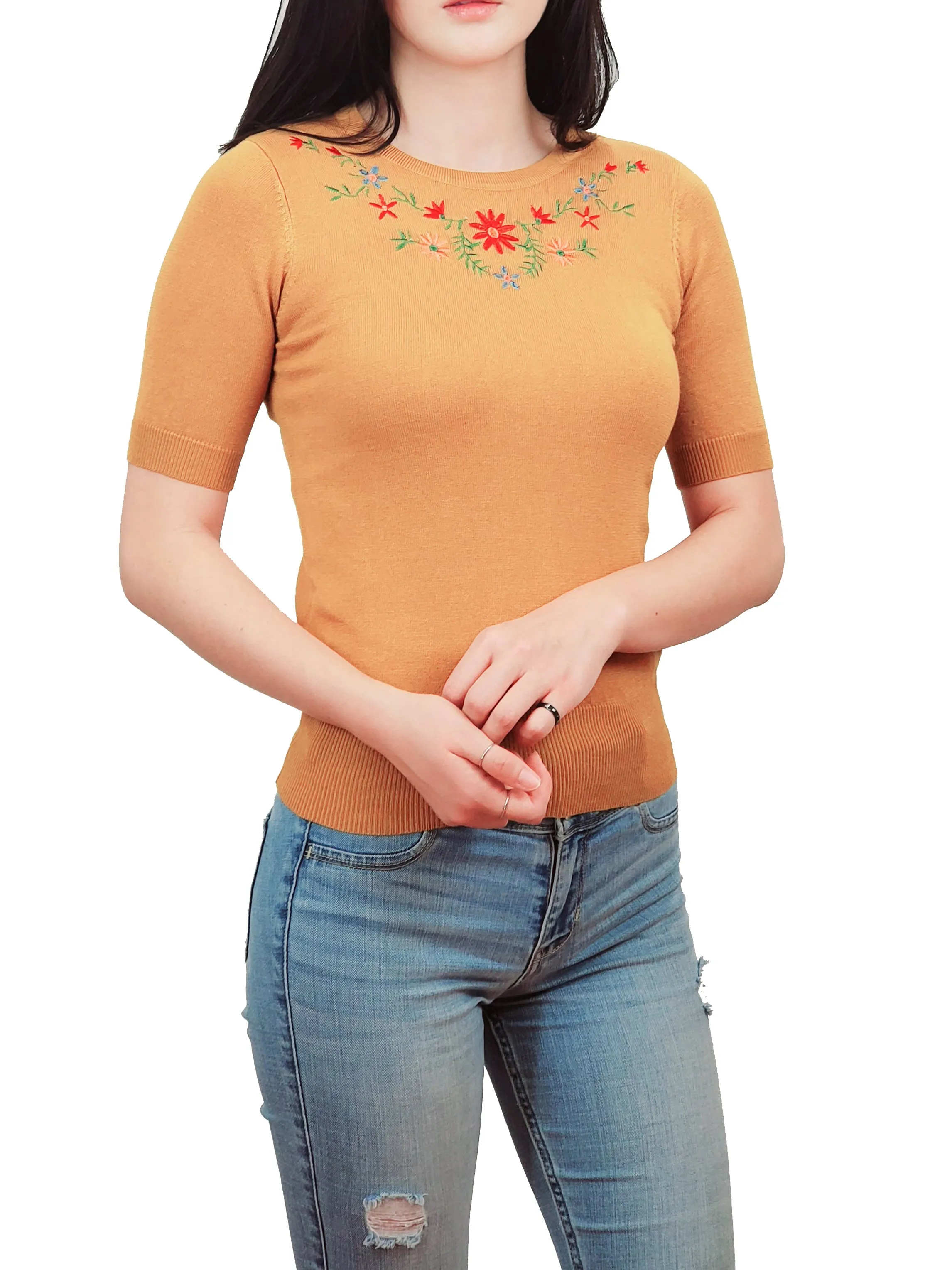 YEMAK Women's Daisy Flower Embroidered Crewneck Casual Knit Pullover Sweater MK3664EMBO (S-L)