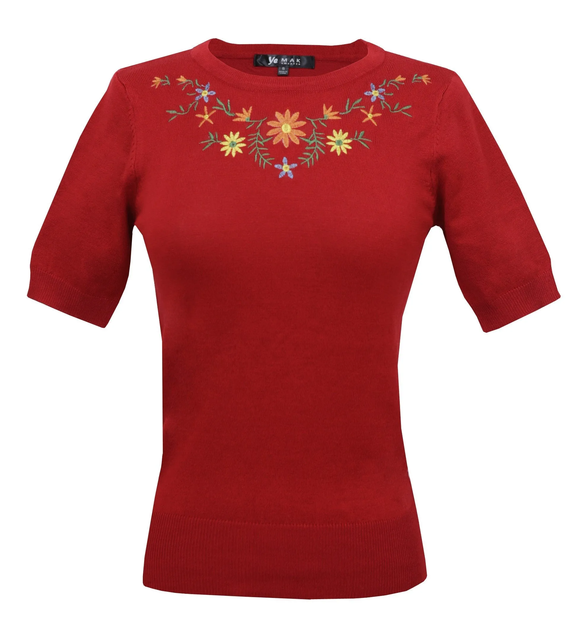 YEMAK Women's Daisy Flower Embroidered Crewneck Casual Knit Pullover Sweater MK3664EMBO (S-L)