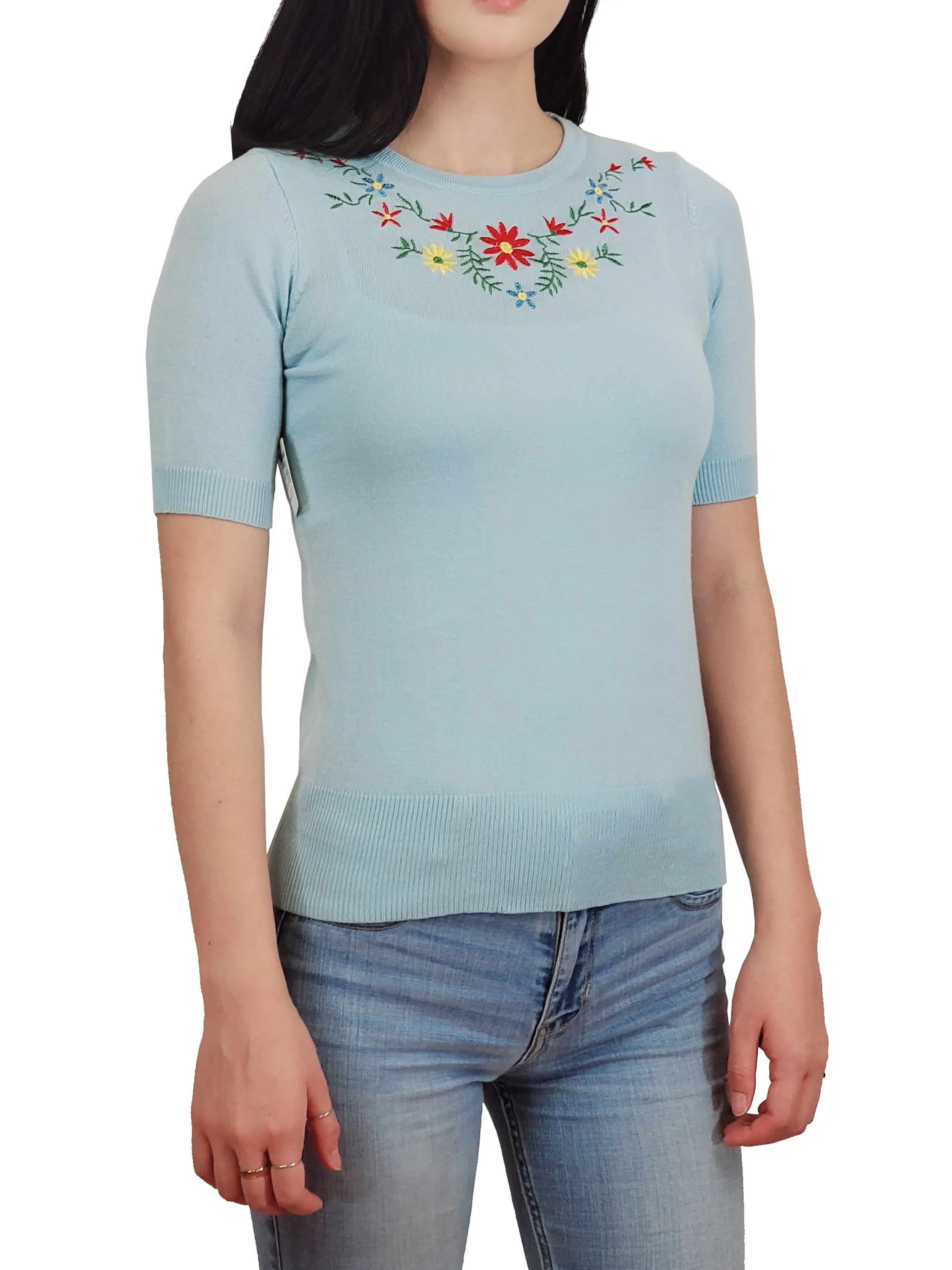 YEMAK Women's Daisy Flower Embroidered Crewneck Casual Knit Pullover Sweater MK3664EMBO (S-L)